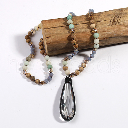 Bohemian Style Teardrop Glass Pendant Natural Picture Jasper & Flower Amazonite Round Beaded Long Necklaces for Women FS-WG767EC-02-1