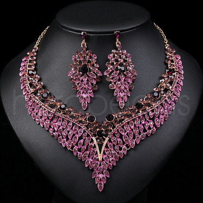 Flower Zinc Alloy Rhinestone Chain Necklaces & Stud Dangle Earrings Sets WG08719-01-1