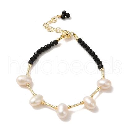Mother's Day Jewellery Natural Pearl & Glass & Brass Beaded Bracelet BJEW-C051-09G-1