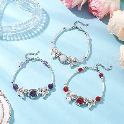3Pcs Natural Carnelian & Amethyst & White Jade Beaded Braceleys BJEW-JB11665-1