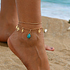Bohemian Brass & Synthetic Turquoise Teardrop Hamsa Hand Charm Double Layer Anklets NG3881-4