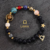 12 Zodiac Sign Natural Black Obsidian Round Beads & Synthetic Mixed Gemstone Beads Charm Bracelets for Men Women WG666A9-06-1