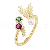Leaf Brass Micro Pave Cubic Zirconia Cuff Rings for Women RJEW-K240-11G-4