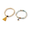 2Pcs 2 Style Natural Flower Amazonite & Lava Rock & Wood Stretch Bracelets Set with Tassel and Alloy Hamsa Hand Charms BJEW-JB08347-4