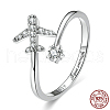 Airplane & Flower Rhodium Plated 925 Sterling Silver Micro Pave Clear Cubic Zirconia Cuff Rings for Women FS-WGB9FE4-04-2