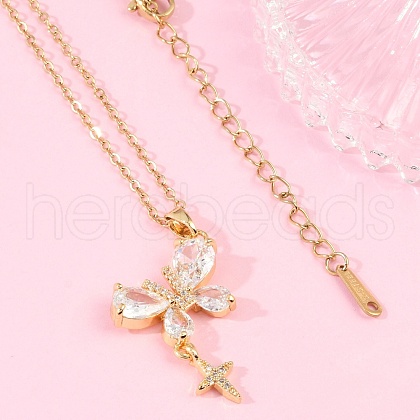 Butterfly & Star Brass Clear Cubic Zirconia Pendant Neckalces NJEW-C076-24G-1
