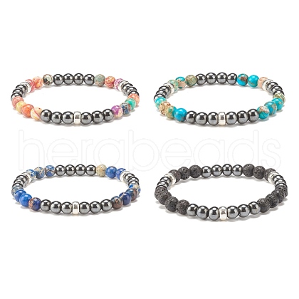 Natural Gemstone & Synthetic Hematite Round Beaded Stretch Bracelet for Women BJEW-JB08305-1