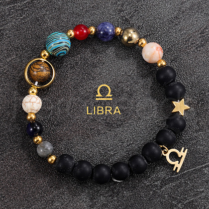 12 Zodiac Sign Natural Black Obsidian Round Beads & Synthetic Mixed Gemstone Beads Charm Bracelets for Men Women WG666A9-06-1
