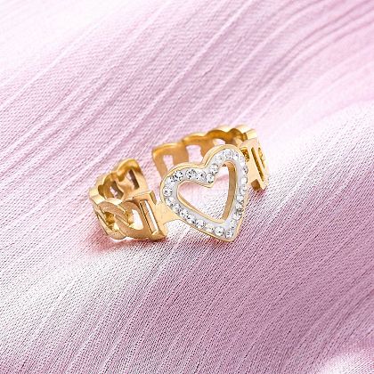 304 Stainless Steel with Rhinestone Adjustable Cuff Rings RJEW-Q020-16G-1