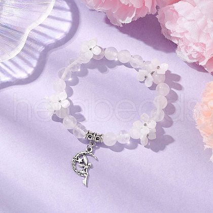 Natural Quartz Crystal Round Beaded Charm Bracelets BJEW-TA00615-02-1
