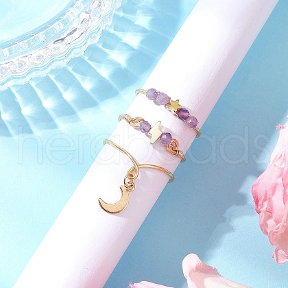 3Pcs Copper Wire Wrapped Natural Amethyst Faceted Round Bead Finger Rings for Women RJEW-JR00887-03-1