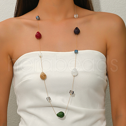 Geometric Acrylic Teardrop Cube & Iron Link Chain Long Necklaces for Women GF3300-1-1