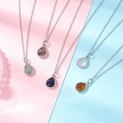 Teardrop Faceted Natural Mixed Stone Pendant 304 Stainless Steel Cable Chain Necklaces for Women NJEW-JN05288-1