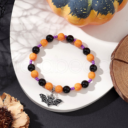 Halloween Theme Baking Painted Glass & Natural Black Onyx(Dyed & Heated) Round Beaded Stretch Bracelets BJEW-MZ00188-03-1
