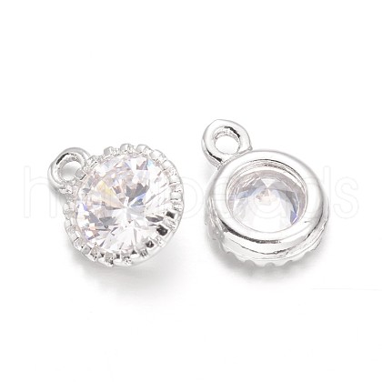 Flat Round Brass Cubic Zirconia Charms KK-L134-14P-1