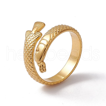 Ion Plating(IP) 304 Stainless Steel Ring Arowana Fish Wrap Open Cuff Ring for Women RJEW-C045-21G-1