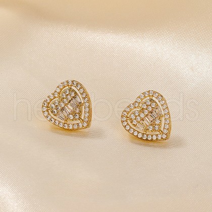 Elegant Heart Brass Clear Cubic Zirconia Stud Earrings QP4520-2-1