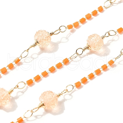 Brass Hexagonal Column Glass Seaded Beaded & Resin Round Beaded Link Chains CHC-G026-01B-1