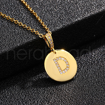 Brass Micro Pave Clear Cubic Zirconia Flat Round with Letter Pendant Necklaces FS-WG00655-04-1