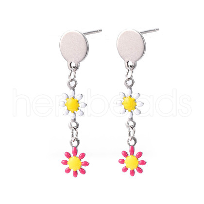 Flower Enamel Long Dangle Stud Earrings EJEW-N049-02A-1