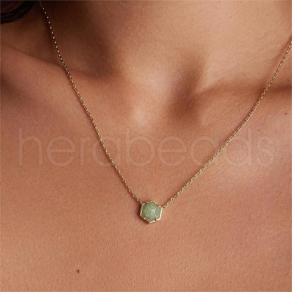 Brass Pave Natural Green Quartz Hexagon Pendant Necklaces for Women FS-WG13B5A-02-1