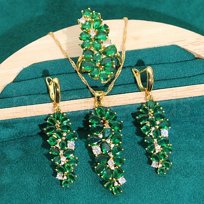 Leaf Brass with Cubic Zirconia Pendant Necklace & Hoop Earring & Ring FS-WGD46EA-10-1