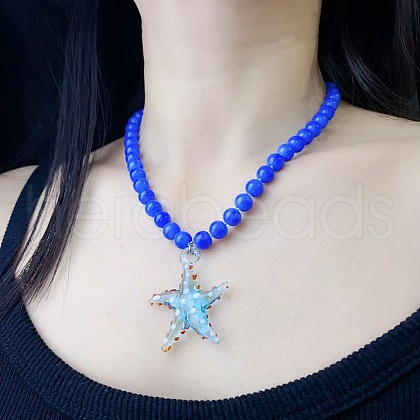 Beach Starfish Glass Pendant Cat Eye Round Beaded Necklaces for Women FS-WG4E63B-02-1