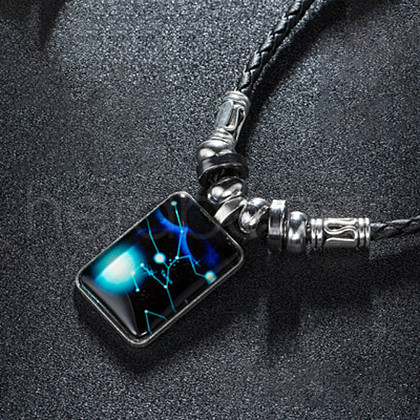 Luminous Alloy Glass Rectangle with Constellation Pendant Black Braided PU Leather Cord Necklaces WGCC9BA-02-1