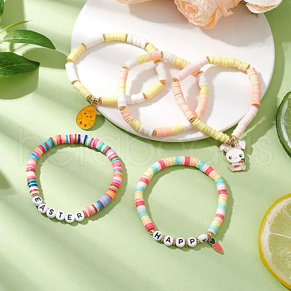 5Pcs 5 Styles Easter' Day Polymer Clay Beads Stretch Bracelet & Alloy Enamel Charm Bracelet Set for Women BJEW-TA00608-1