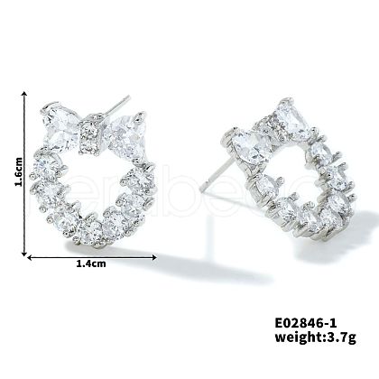 Geometric Brass Clear Cubic Zirconia Bowknot Stud Earrings FY3551-4-1