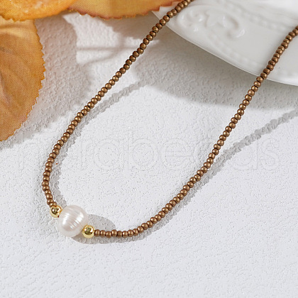 Mother's Day Jewellery Potato Naural Pearl & Brass & Glass Seed Beaded Necklaces BD0566-2-1