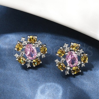 Flower Brass Micro Pave Cubic Zirconia Stud Earrings EJEW-M082-20P-1