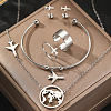 Airplane & Earth 201 Stainless Steel Pendant Necklace & Stud Earring & Cuff Ring & Cuff Bangle Sets FS-WG54043-02-1