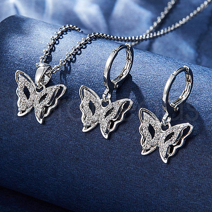 Butterfly Brass Micro Pave Clear Cubic Zirconia Pendant Necklace & Hoop Earring Sets FS-WG0D8FB-02-1