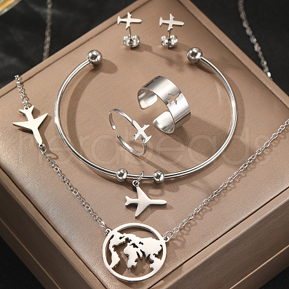 Airplane & Earth 201 Stainless Steel Pendant Necklace & Stud Earring & Cuff Ring & Cuff Bangle Sets FS-WG54043-02-1
