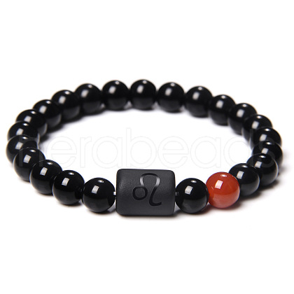 12 Constellations Protetion Natural Carnelian & Black Obsidian Round Beads Stretch Bracelets for Men Women WG083ED-06-1