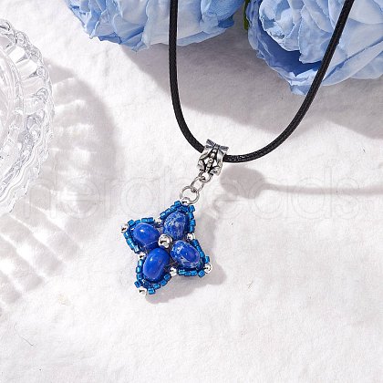 Dyed Synthetic Imperial Jasper & Glass Seed Beaded Star Pendant Black Waxed Cotton Cord Necklaces NJEW-MZ00109-03-1