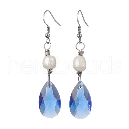 Glass Teardrop & Natural Pearl Dangle Earrings EJEW-JE05725-1