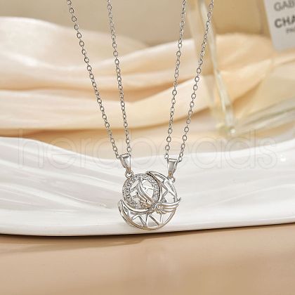 2Pcs Brass Micro Pave Clear Cubic Zirconia Magnetic Pendant Necklaces with 304 Stainless Steel Cable Chain WG04DA7-04-1