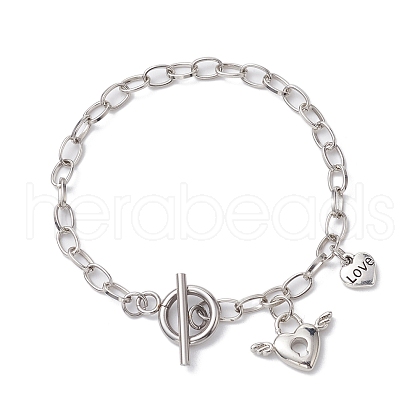 Brass Love Heart Charm Bracelet with Iron Oval Link Chains BJEW-JB10172-1