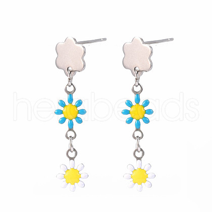 Enamel Flower Long Dangle Stud Earrings EJEW-N049-04A-1