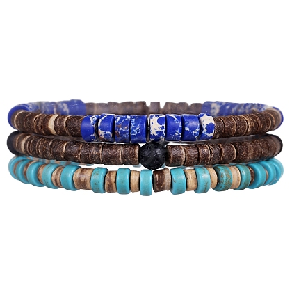 Synthetic Turquoise & Regalite & Coconut Shell Bead Stretch Bracelets Sets PW-WG7E5E9-01-1