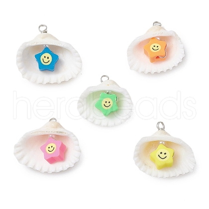 Natural Clam Shell & Smiling Face Handmade Polymer Clay Pendants PALLOY-JF03802-01-1