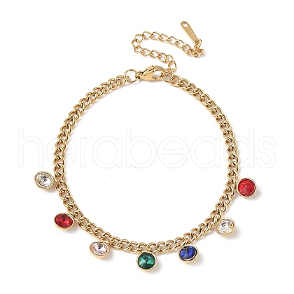 304 Stainless Steel Rhinestone Flat Round Charm Bracelets BJEW-V011-01G-05-1