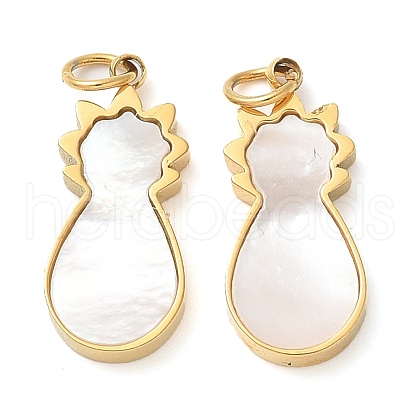 304 Stainless Steel Pave Natural White Shell Cat Shape Pendants STAS-Q345-20G-1