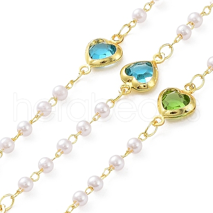 Colorful Glass Heart Link Chains with ABS Plastic Pearl Beaded CHC-C001-05G-1