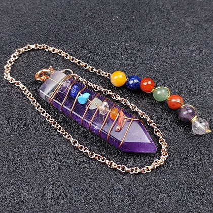 Natural Amethyst & Mixed Stone Braided Bullet Dowsing Pendulum Pendant Decorations CHAK-PW0001-043E-1