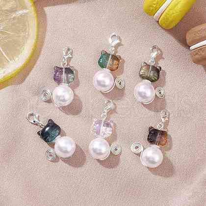 Cat Imitated Pearl Acrylic & Glass Beads Pendant Decorations HJEW-JM02953-1