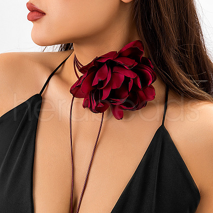 Retro Cloth Rose Flower Waxed Cord Wrap Choker Necklaces for Women WG01AE5-05-1