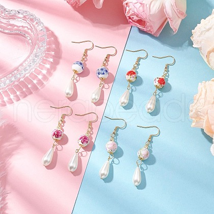 Round with Flower Pattern Porcelain Ceramic Dangle Earrings EJEW-JE06347-1